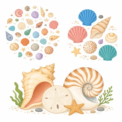 Small, medium, and large beach shells arranged in three groups.