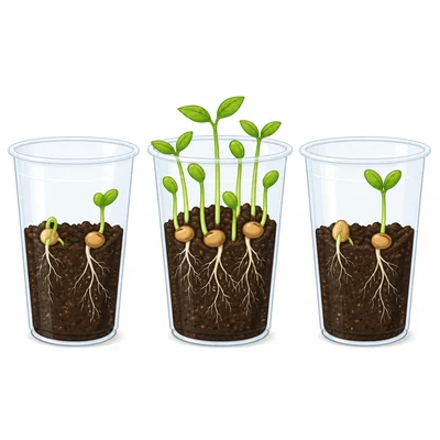 Three cups with sprouting seeds, with the middle cup having the most sprouts.