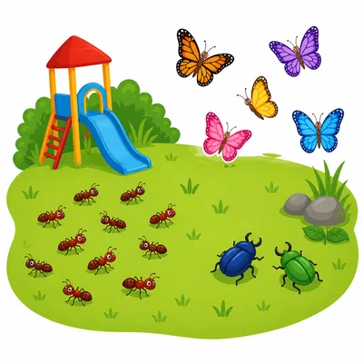 Groups of ants, beetles, and butterflies near a playground patch.
