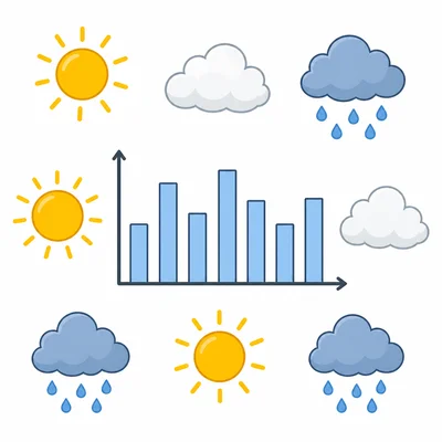 Weather icons for sunny, cloudy, and rainy days around a blank bar graph.