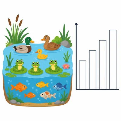 Ducks, frogs, and fish at a pond beside a blank bar graph.