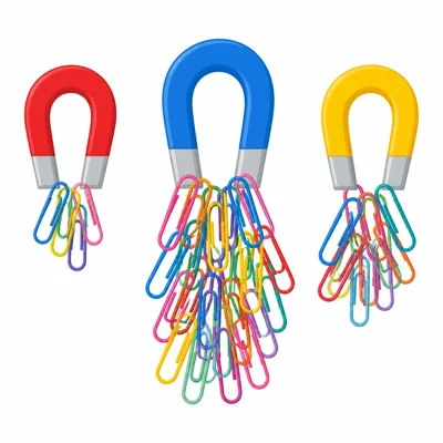 Three magnets holding different amounts of paper clips.