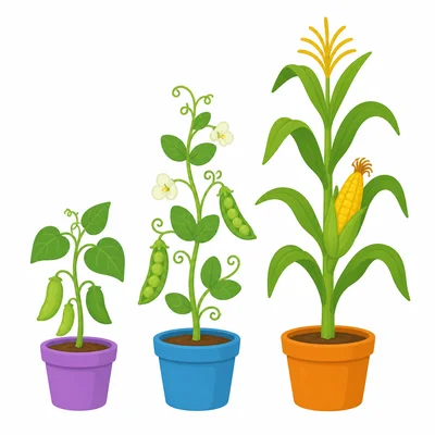 Three potted plants of different heights.