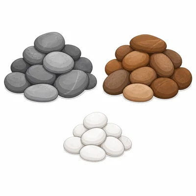 Piles of gray, white, and brown rocks, with gray and brown piles the same size.