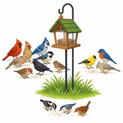 Birds gathered in different-sized groups around a bird feeder.