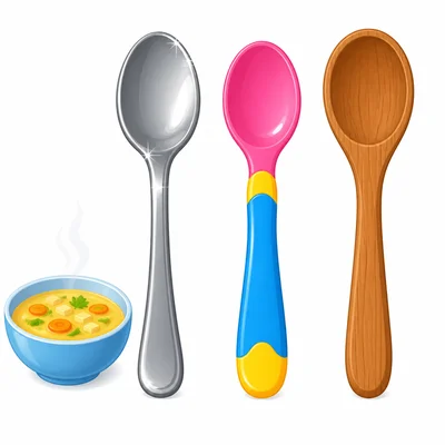 Three spoons made of metal, plastic, and wood beside a bowl of soup.