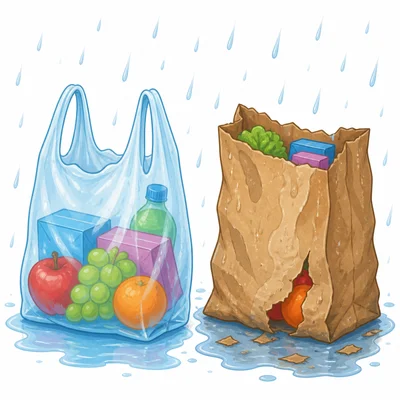 A plastic bag staying strong in rain while a paper bag gets wet and weak.