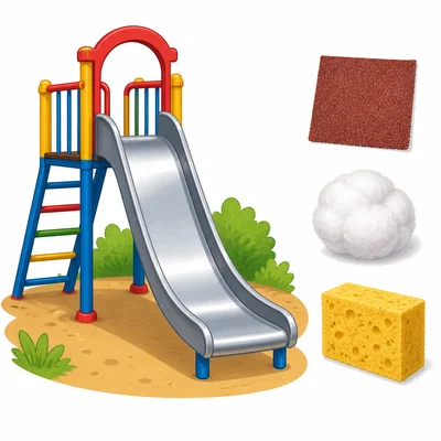 A smooth metal playground slide with other material samples nearby.