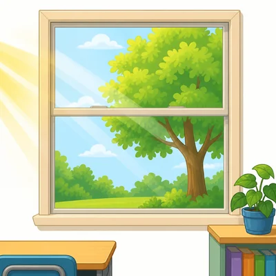 A classroom window made of clear glass with sunlight shining through.