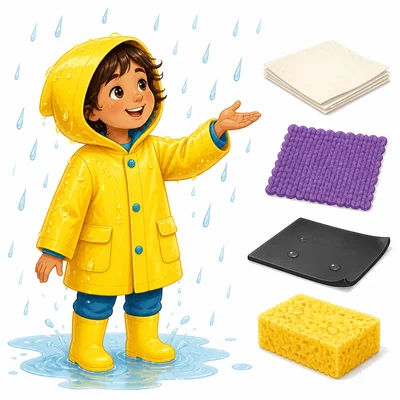 A child in a raincoat with rain rolling off, near samples of different materials.