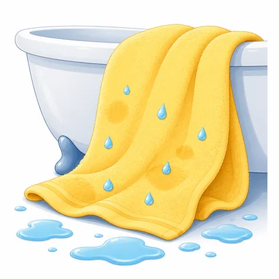 A cloth towel absorbing water drops near a bathtub.