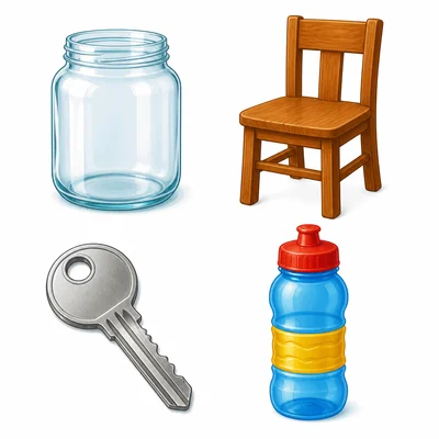 A glass jar, wooden chair, metal key, and plastic bottle.