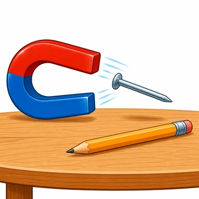 A magnet attracting an iron nail but not a wooden pencil.