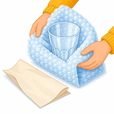 A glass cup protected by bubble wrap with a thin sheet of paper nearby.