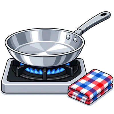 A metal frying pan on a stove with a fabric towel nearby.