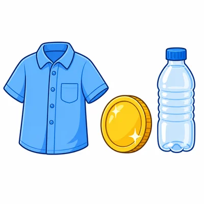 A shirt, a coin, and a plastic bottle.