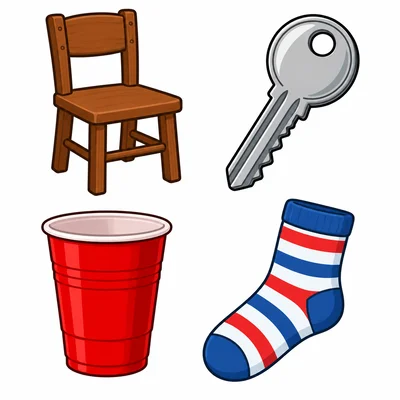 A wooden chair, metal key, plastic cup, and fabric sock.
