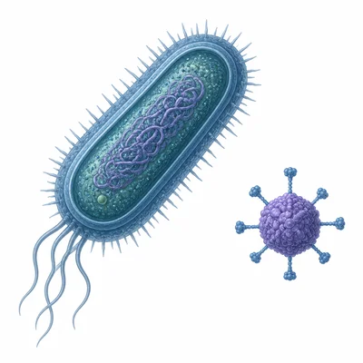 Side-by-side illustration of a bacterium and a smaller virus particle.