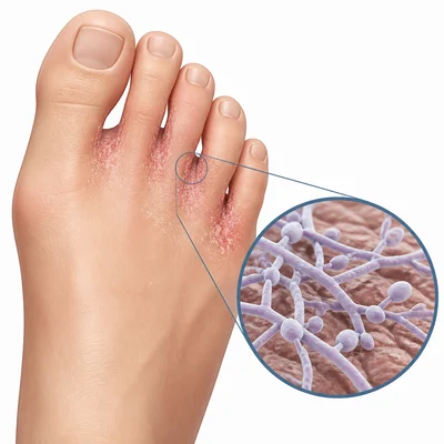 Foot with mild athlete's foot symptoms and a magnified view of fungal threads.