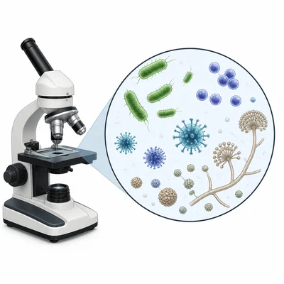 Microscope with a magnified view of bacteria, viruses, and fungal spores.