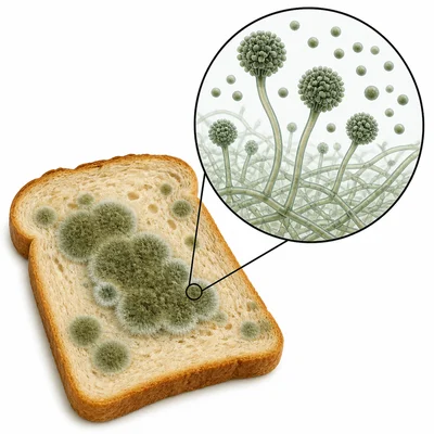 A slice of bread with fuzzy green mold and a magnified view of fungal threads and spores.