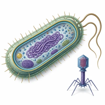 Comparison of a bacterial cell with internal structures and a smaller virus particle.