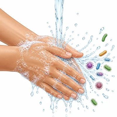Hands being washed with soap and water as microbes are rinsed away.