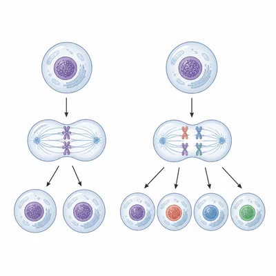 Comparison of cell division products: two identical cells versus four varied cells.