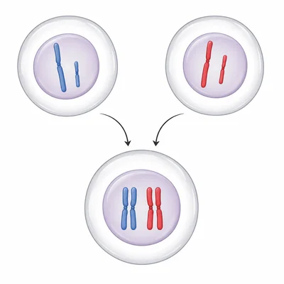 Two haploid gametes fuse to form one cell with paired chromosomes.
