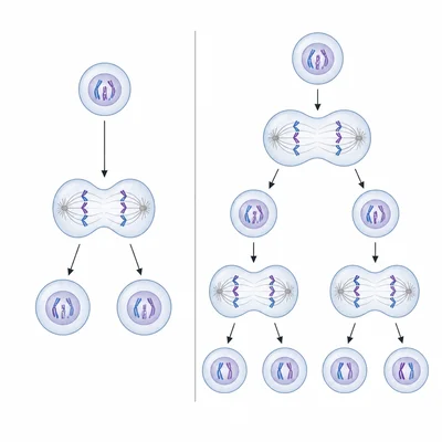 Diagram comparing one cell division producing two cells with two divisions producing four cells.