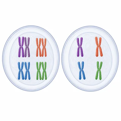 Side-by-side cells showing paired chromosomes in one cell and single chromosomes in another.