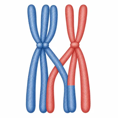Homologous chromosomes paired and exchanging segments at a crossing-over point.