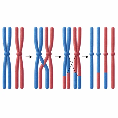Crossing over creates chromosomes with mixed segments, illustrating genetic variation.