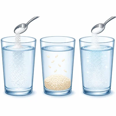Three cups show salt disappearing, rice sinking, and sugar disappearing in water.