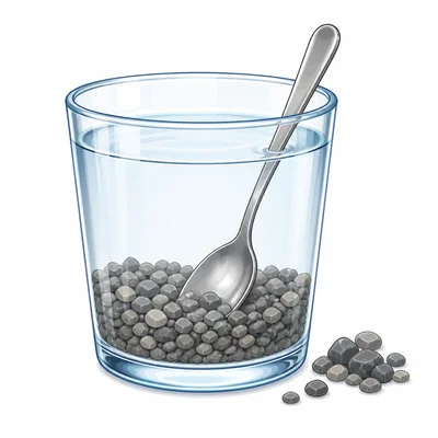 Gravel pieces rest at the bottom of a cup of water.