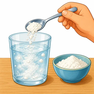 Flour is added to a cup of water for a dissolving test.