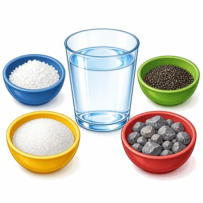 Bowls of salt, pepper, sugar, and small rocks surround a cup of water.