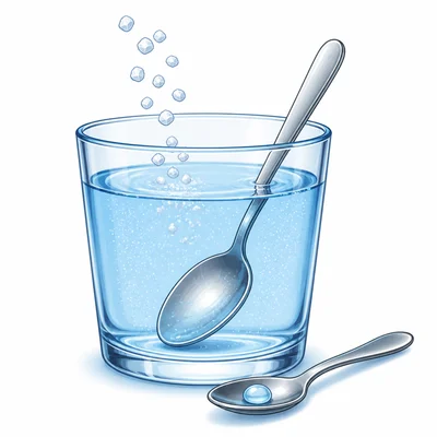 Salt is stirred into water, with a small droplet shown on a spoon.