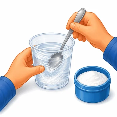 A spoon stirs white powder into a cup of water.