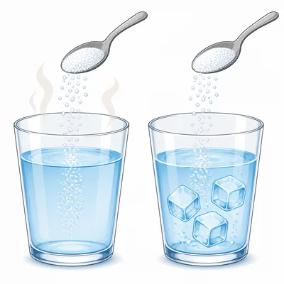 Sugar is added to two cups, one warm with steam and one cold with ice.