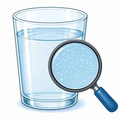 A magnifying glass shows tiny salt particles spread through water.
