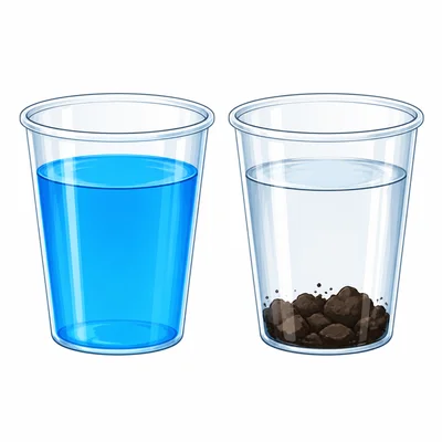 One cup has evenly colored water, while another has clumps at the bottom.