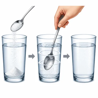 A spoon stirs salt into a glass of water until the salt is evenly dispersed.