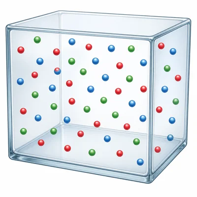 Different gas particles are evenly mixed throughout a container.