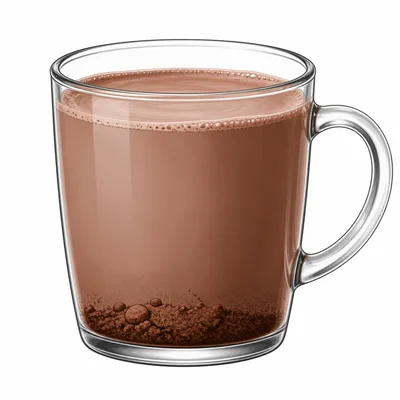 A cup of cocoa shows undissolved powder settled at the bottom.