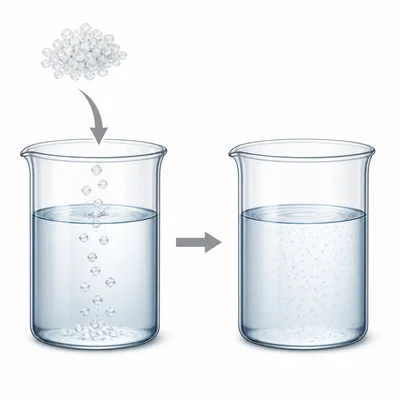 Salt crystals are added to water and spread evenly throughout the beaker.