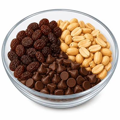 A bowl of trail mix contains separate raisins, peanuts, and chocolate chips.