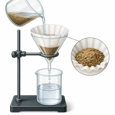 Sand and water are separated using a funnel and filter paper.