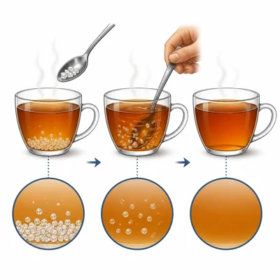 Sugar crystals disappear as they are stirred into warm tea.