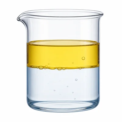 Oil and water separate into two layers in a beaker.